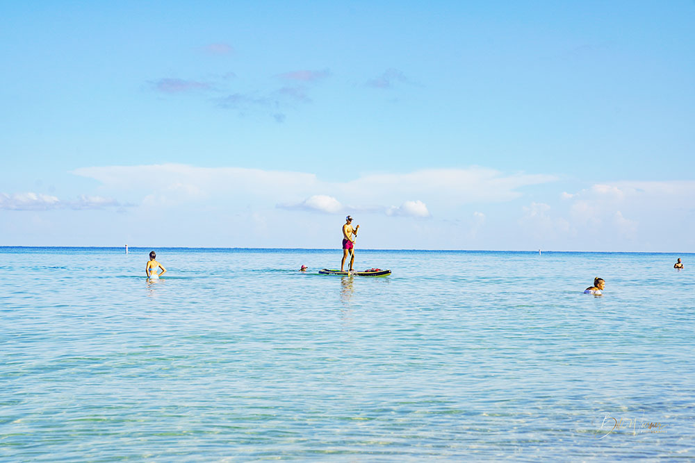 paddleboarding in the ocean around swimmers