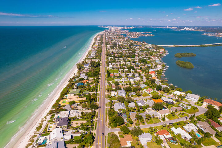 Aerial view of the Indian Rocks beach town and sandbar
